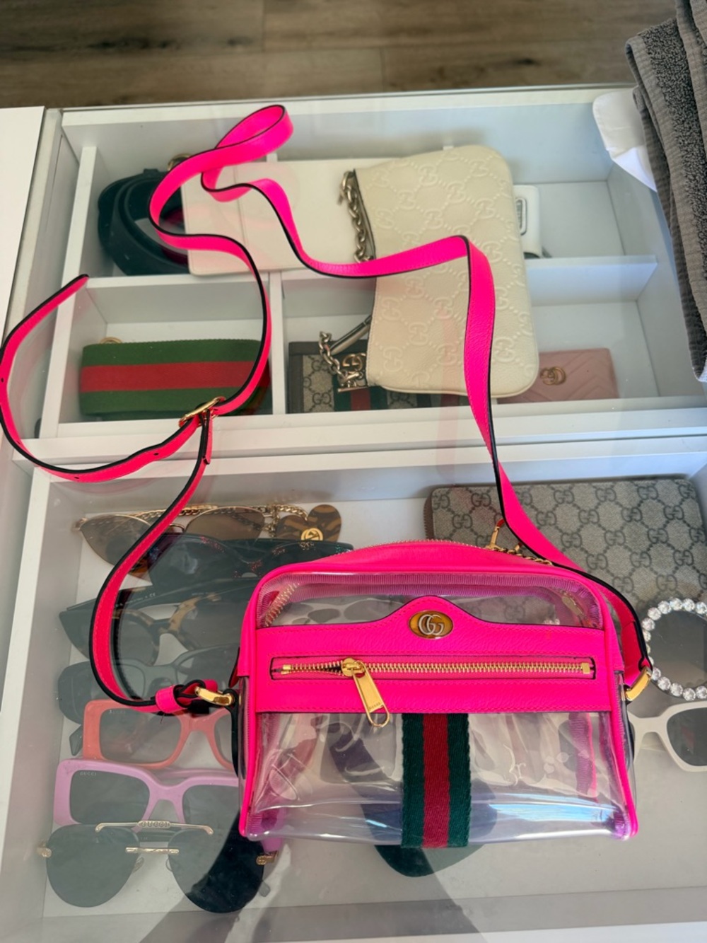 Gucci Hot Pink Clear Crossbody with Web Stripe